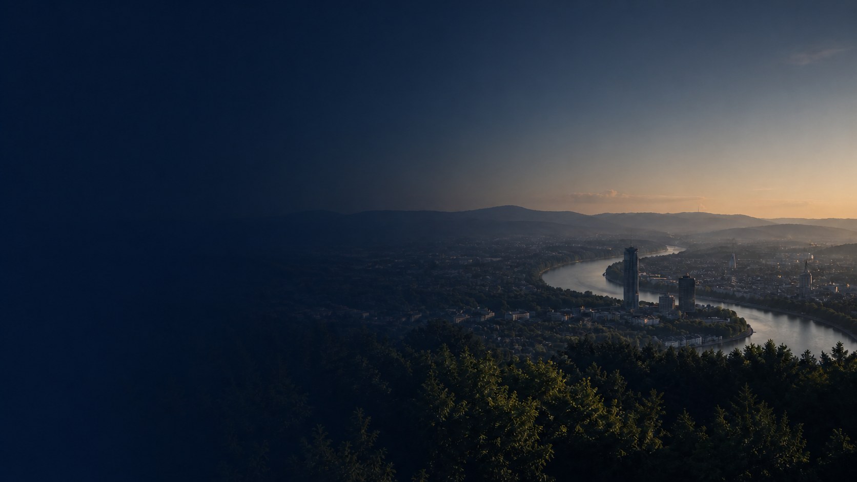 View across Bonn and the river Rhine at dusk